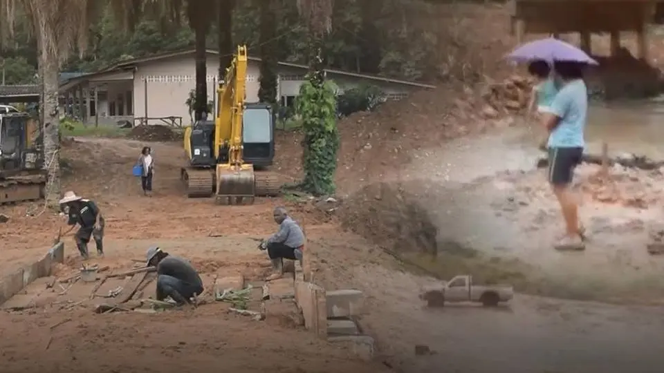 เร่งซ่อมสะพานทางเบี่ยง หลังน้ำป่าพัดพังเสียหาย จ.กระบี่