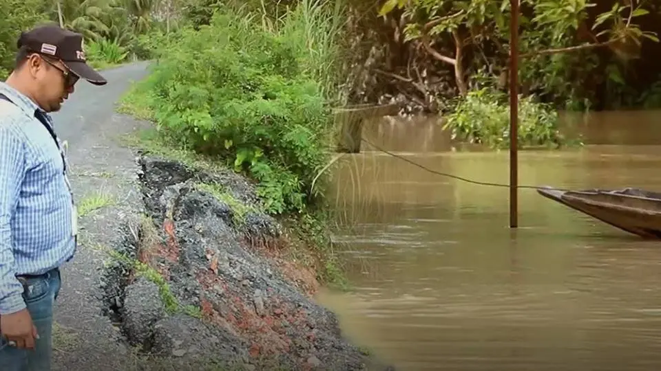พนังกั้นน้ำถูกกัดเซาะ ชาวบ้านหวั่นพนังพัง จ.ตรัง