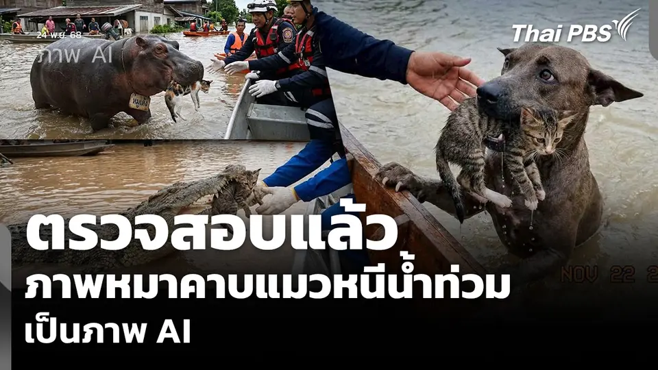 ตรวจสอบแล้ว ภาพหมาคาบแมวหนีน้ำท่วม เป็นภาพ AI