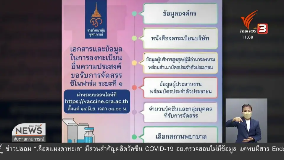 ​ราชวิทยาลัยจุฬาฯ เปิดให้องค์กรลงทะเบียนจอง "ซิโนฟาร์ม"