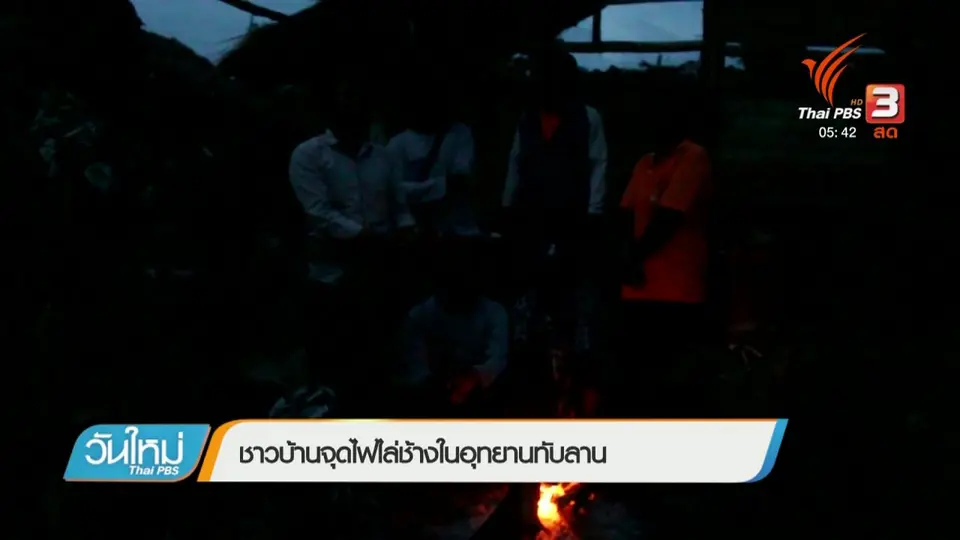 ชาวบ้านจุดไฟไล่ช้างในอุทยานทับลาน