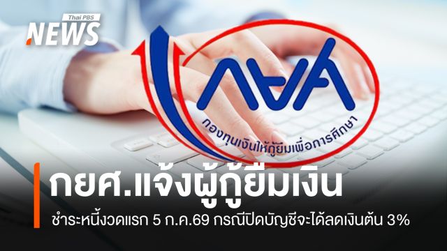 กยศ.แจ้งผู้กู้ยืมเงิน ชำระหนี้งวดแรก 5 ก.ค.69 หากปิดบัญชีจะได้ลดเงินต้น 3%   