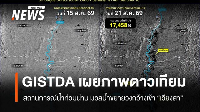 GISTDA เปิดภาพดาวเทียม เทียบน้ำท่วมน่าน 15-21 ส.ค. กระทบกว่า 17,458 ไร่