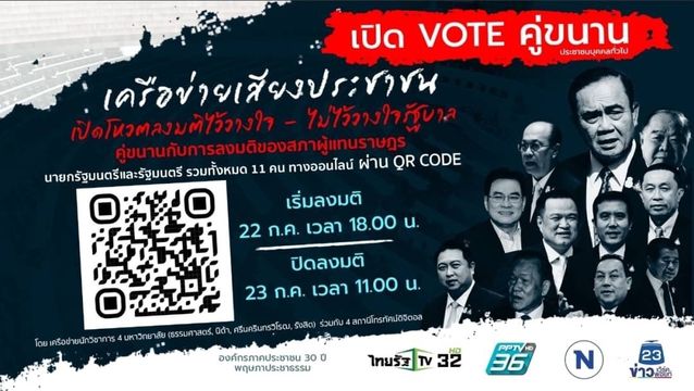 4 มหาวิทยาลัย-ทีวี 4 ช่อง เปิดโหวต "ไว้วางใจ-ไม่ไว้วางใจ" นายกฯ-รมต.11 คน