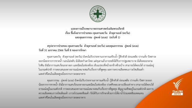รพ.ธรรมศาสตร์ฯ เผยอาการล่าสุด "ตะวัน-แบม"   
