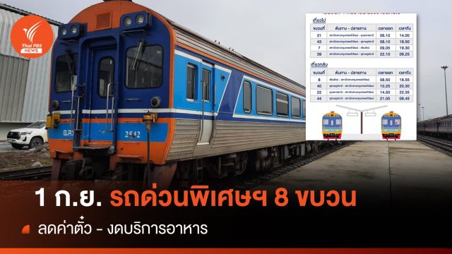 1 ก.ย.นี้ รถด่วนพิเศษฯ 8 ขบวนไป "เหนือ-อีสาน-ใต้" ลดค่าตั๋ว - งดบริการอาหาร