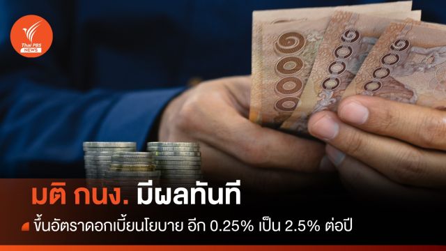 กนง.ขึ้นอัตราดอกเบี้ยนโยบายอีก 0.25% เป็น 2.5% ต่อปี 