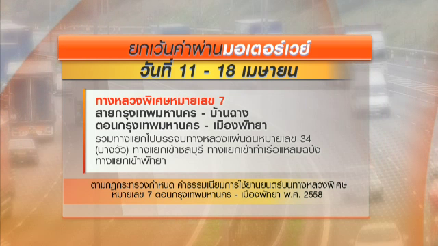 11-18 เม.ย.ขึ้นมอเตอร์เวย์ฟรี “กรุงเทพ-พัทยา  บางปะอิน-บางพลี” 