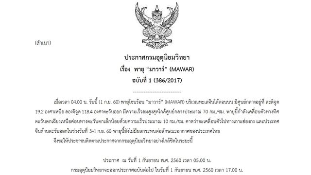 พายุโซนร้อน “มาวาร์” เคลื่อนตัวเข้าฮ่องกง-จีน 3-4 ก.ย. ยังไม่กระทบไทย