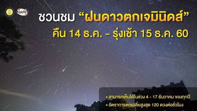 ชมฝนดาวตก "เจมินิดส์" ส่งท้ายปี 60 คืน 14 ธ.ค.-รุ่งเช้า 15 ธ.ค.นี้ 