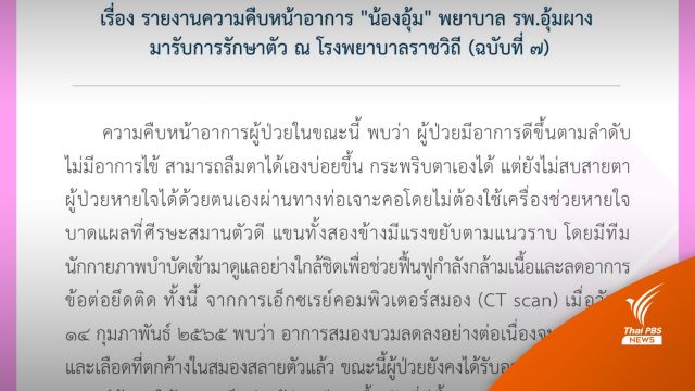 "น้องอุ้ม" พยาบาล รพ.อุ้มผาง อาการดีขึ้น ไม่ต้องใช้เครื่องช่วยหายใจ