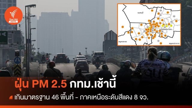ฝุ่น PM 2.5 กทม.เกินมาตรฐาน 46 พื้นที่ - ภาคเหนือระดับสีแดง 8 จว.