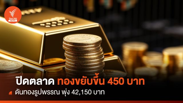 ปิดตลาด ทองขยับขึ้น 450 บาท ดันทองรูปพรรณ พุ่ง 42,150 บาท