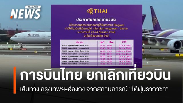 การบินไทย ยกเลิกเที่ยวบิน "กรุงเทพฯ-ฮ่องกง" จากสถานการณ์ "ไต้ฝุ่นรากาซา"
