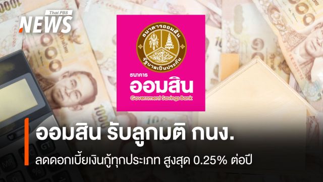    ออมสิน รับลูกมติ กนง.  ลดดอกเบี้ยเงินกู้ทุกประเภท สูงสุด 0.25% ต่อปี  