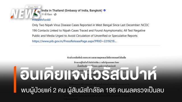 อินเดียแจงพบ 2 คนป่วย "ไวรัสนิปาห์" อีก 196 คนสัมผัสใกล้ชิดผลเป็นลบ