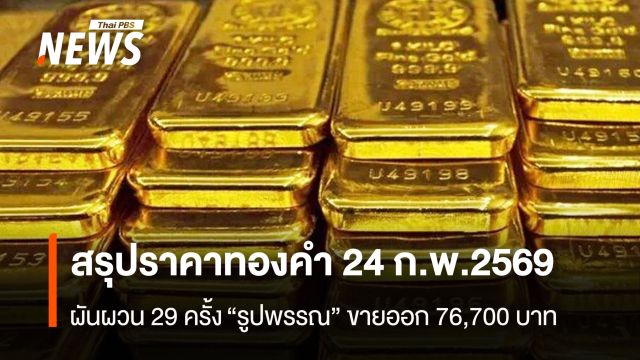สรุปราคาทองคำ 24 ก.พ.2569   ผันผวน 29 ครั้ง “รูปพรรณ” ขายออก 76,700 บาท