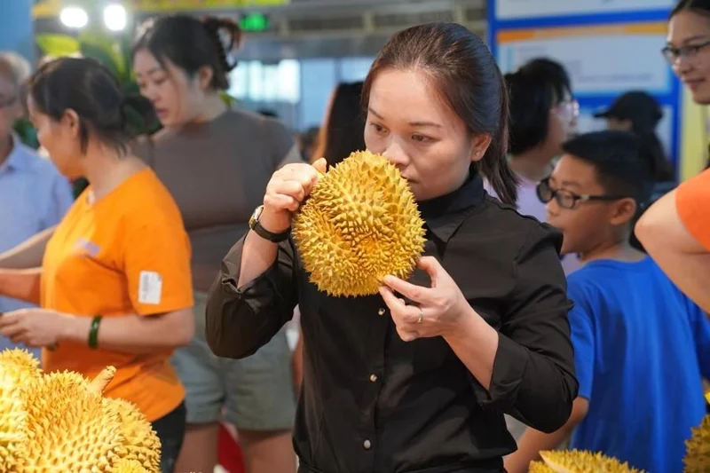 ชาวเมืองกำลังเลือกซื้อทุเรียนไทยที่ซูเปอร์มาร์เก็ตแห่งหนึ่งในนครหนานหนิง เขตปกครองตนเองกว่างซีจ้วงทางตอนใต้ของจีน ภาพซินหัว